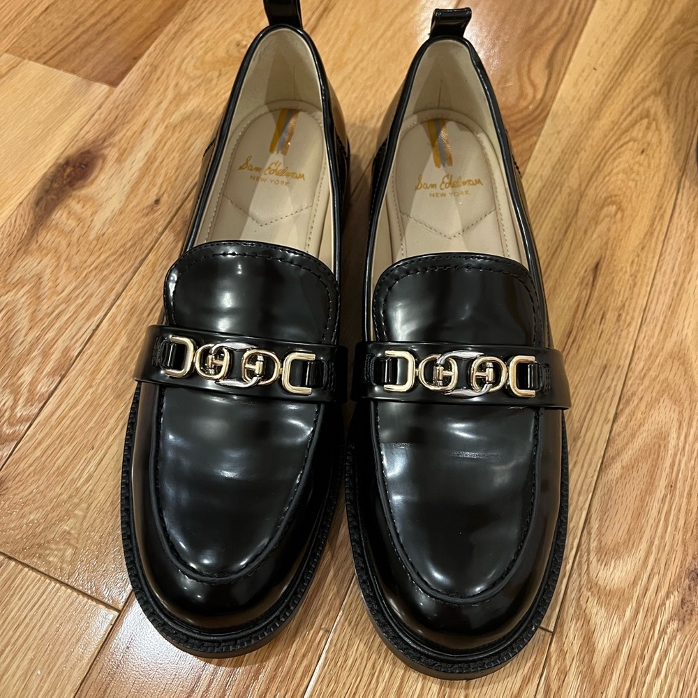 Sam Edelman Black and Gold Mules with Chain Detail